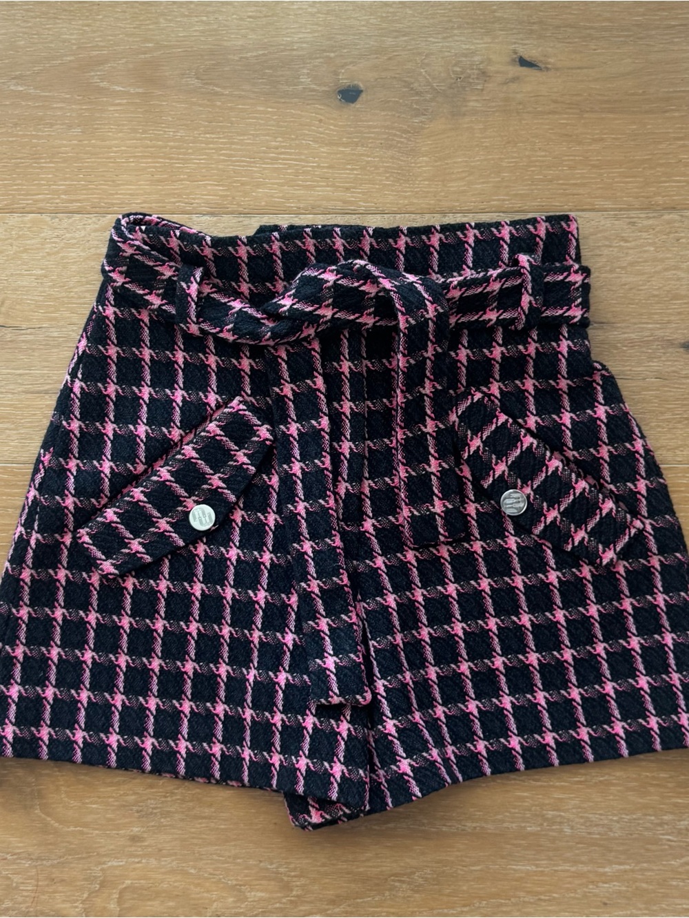 Maje Pink, Black, Navy Plaid/ Tweed Belted Shorts (FR38) US 6